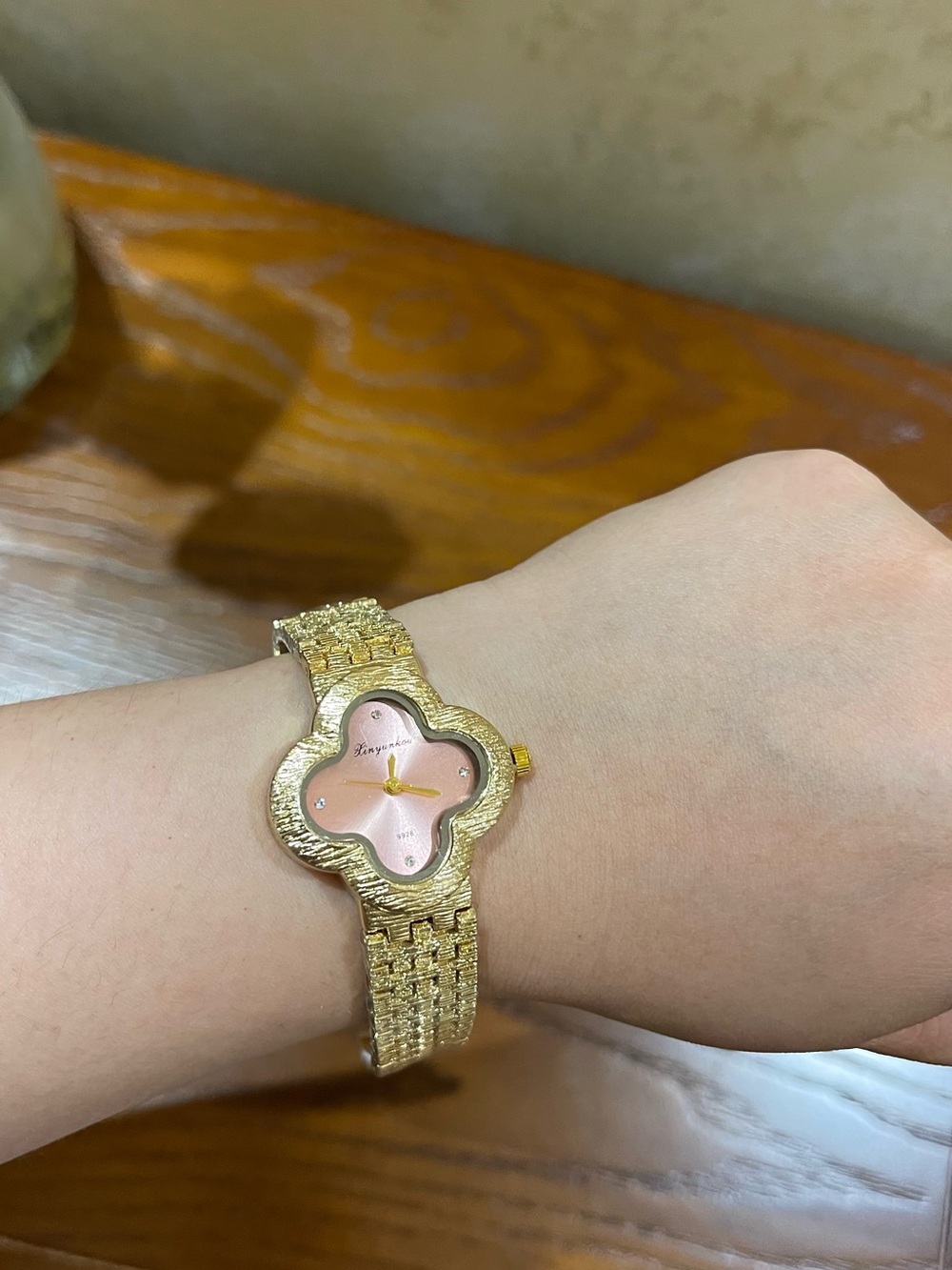 Gold Floral-Shaped Bracelet Watch with Pink Dial - battery included